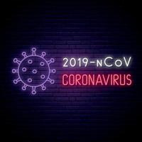 insegna al neon del coronavirus. banner luminoso luminoso 2019-ncov corona virus su sfondo muro scuro. vettore