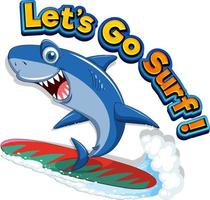 carino squalo fare surf cartone animato icona vettore