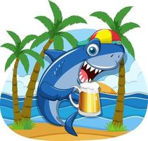 squalo che tiene il personaggio dei cartoni animati di vetro di birra vettore
