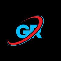 gr g r lettera logo design. iniziale lettera gr connesso cerchio maiuscolo monogramma logo rosso e blu. gr logo, g r design. gr, g r vettore