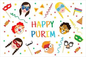 contento Purim vacanza saluto striscione. bambini con dipinto facce indossare carnevale maschere vettore