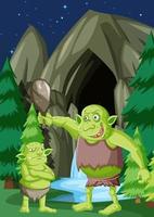 scena notturna con personaggio dei cartoni animati di goblin o troll vettore