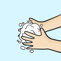 uomo lavaggi il suo mani. igiene di mani e pelle. sapone e schiuma con bolle. cartone animato illustrazione vettore