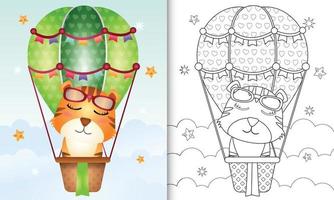modello di libro da colorare per bambini con una tigre carina in mongolfiera vettore