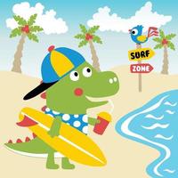 carino dinosauro Tenere tavola da surf e morbido bevanda nel il spiaggia, poco uccello perching su cartello, vettore cartone animato illustrazione