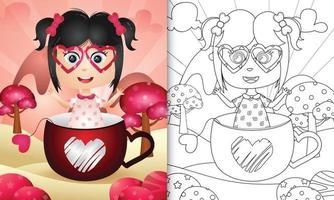 libro da colorare per bambini con una ragazza carina nel giorno di San Valentino a tema tazza vettore