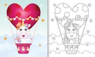 Libro da colorare per bambini con un simpatico maschio unicorno in mongolfiera a tema San Valentino vettore