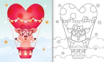 Libro da colorare per bambini con una femmina di maiale carina in mongolfiera a tema San Valentino vettore