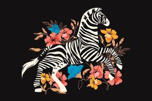 zebra selvaggia con sfondo di fiori tropicali esotici vettore