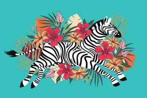 zebra selvaggia con sfondo di fiori tropicali esotici vettore