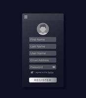 modulo di registrazione, design dell'interfaccia utente mobile, tema scuro vettore