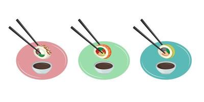 impostato di delizioso Sushi con bastoncini e soia salsa. giapponese cibo ristorante concetto. tradizionale asiatico cucina. vettore