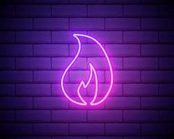 semplice icona di fiamma di fuoco. stile neon rosa sullo sfondo del muro di mattoni. icona della luce vettore