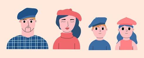 un' impostato di ritratti di diverso età di persone nel francese berretti. giovane famiglia. collezione di carino personaggi. mano disegnato di moda vettore illustrazione