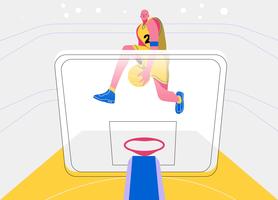 Illustrazione piana di vettore di vista frontale del giocatore di pallacanestro di Dunk di colpo