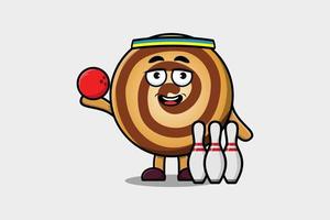 carino cartone animato biscotti personaggio giocando bowling vettore