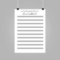 mockup di carta da musica verticale appeso con note musicali vettore