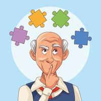 vecchio e paziente con malattia di Alzheimer con pezzi di un puzzle vettore