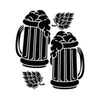 birre tazze con foglie icona silhouette vettore