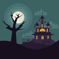 casa di halloween e albero di notte disegno vettoriale