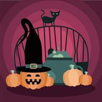 gatto di Halloween sul cancello con la ciotola della strega e il disegno di vettore delle zucche