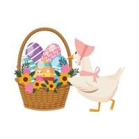 mamma anatra con uova dipinte nel cestino e fiori vettore
