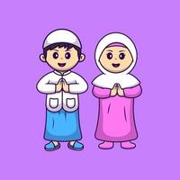 carino ragazza e ragazzo musulmano festeggiare eid mubarak cartone animato vettore icone illustrazione. piatto cartone animato concetto. adatto per qualunque creativo progetto.