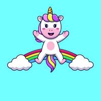 carino unicorno seduta su arcobaleno nube cartone animato vettore icone illustrazione. piatto cartone animato concetto. adatto per qualunque creativo progetto.