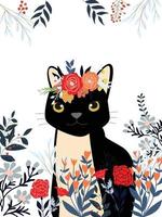 simpatico fiore floreale selvatico rosso rosa e blu con cornice e felice carta cartone animato tigre o gatto nero vettore