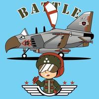 giovane pilota cartone animato con combattente Jet, vettore cartone animato illustrazione