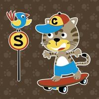 divertente gattino giocando skateboard, poco uccello perching su strada cartello, vettore cartone animato illustrazione