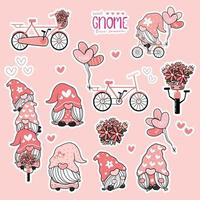 simpatico gnomo di San Valentino dolce rosa amore collezione, gnomo su set stampabile di adesivi per biciclette. vettore