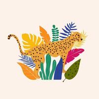 leopardo e foglie tropicali poster sfondo illustrazione vettoriale. modello di fauna selvatica alla moda vettore