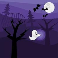 cartone animato fantasma di Halloween con disegno vettoriale alberi