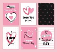 biglietti di auguri di San Valentino con cuori e decorazioni di simboli per invito, flyer, poster, tag, banner. vettore