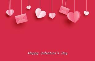 auguri di buon San Valentino con cuori di carta appesi su sfondo rosso pastello. vettore