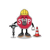 personaggio cartone animato di fermare strada cartello Lavorando su strada costruzione vettore