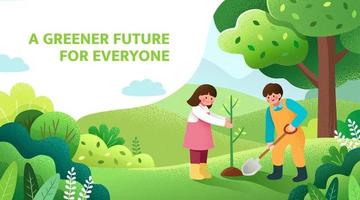 pergolato giorno striscione. illustrazione di Due bambini piantare un' piccolo albero nel natura per il ambiente vettore