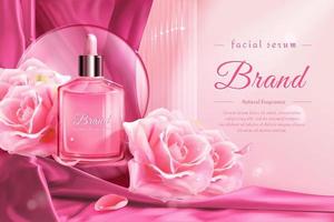 3d romantico facciale siero Prodotto anno Domini modello. contagocce bottiglia modello visualizzato su un' scala coperto di rosa raso tessuto con Rose e bicchiere disco. vettore