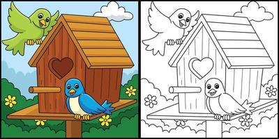 primavera birdhouse colorazione pagina illustrazione vettore
