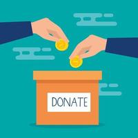 scatola di donazione di beneficenza con mani e monete vettore