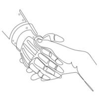 robot o cyborg braccio e mano umano stretta di mano continuo linea disegno vettore linea icona logo template.touch tecnologico concept.cyber comunicazione e robotico.biomeccanico mano, moderno protesi