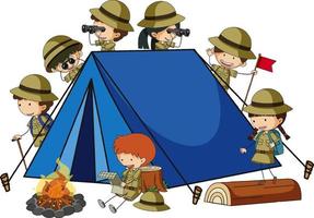 tenda da campeggio con molti bambini personaggio dei cartoni animati isolato vettore