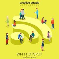 vettore pubblico gratuito Wi-Fi punto di accesso zona senza fili connessione piatto isometrico concetto, persone fare surf Internet su Wi-Fi sagomato podio illustrazione