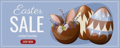 Pasqua saldi. festivo decorato uova, coniglio orecchie, salice ramoscelli. vettore illustrazione per il primavera vacanza. blu orizzontale striscione, volantino, manifesto