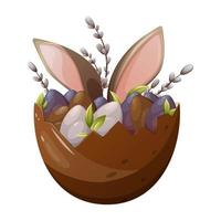 un' carino Pasqua coniglietto si siede nel un' cioccolato uovo. salice rami, colorato pollo uova. festivo primavera tema. vettore illustrazione, cartone animato stile, isolato sfondo.