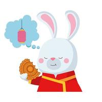 cartone animato coniglio con abiti tradizionali e disegno vettoriale mooncake