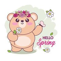 Ciao primavera carta. mano disegnato carino kawaii orsacchiotto orso. adorabile cartone animato orso personaggio con fiori e la farfalla. infantile t camicia Stampa design vettore