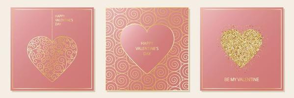 contento San Valentino giorno. impostato di saluto carte. rosa piazza modelli con oro cuori, ornamenti e luccichio. vettore