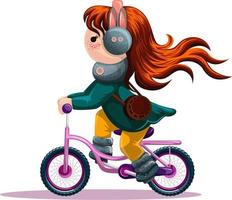immagine vettoriale di una ragazza in sella a una bicicletta. stile cartone animato.